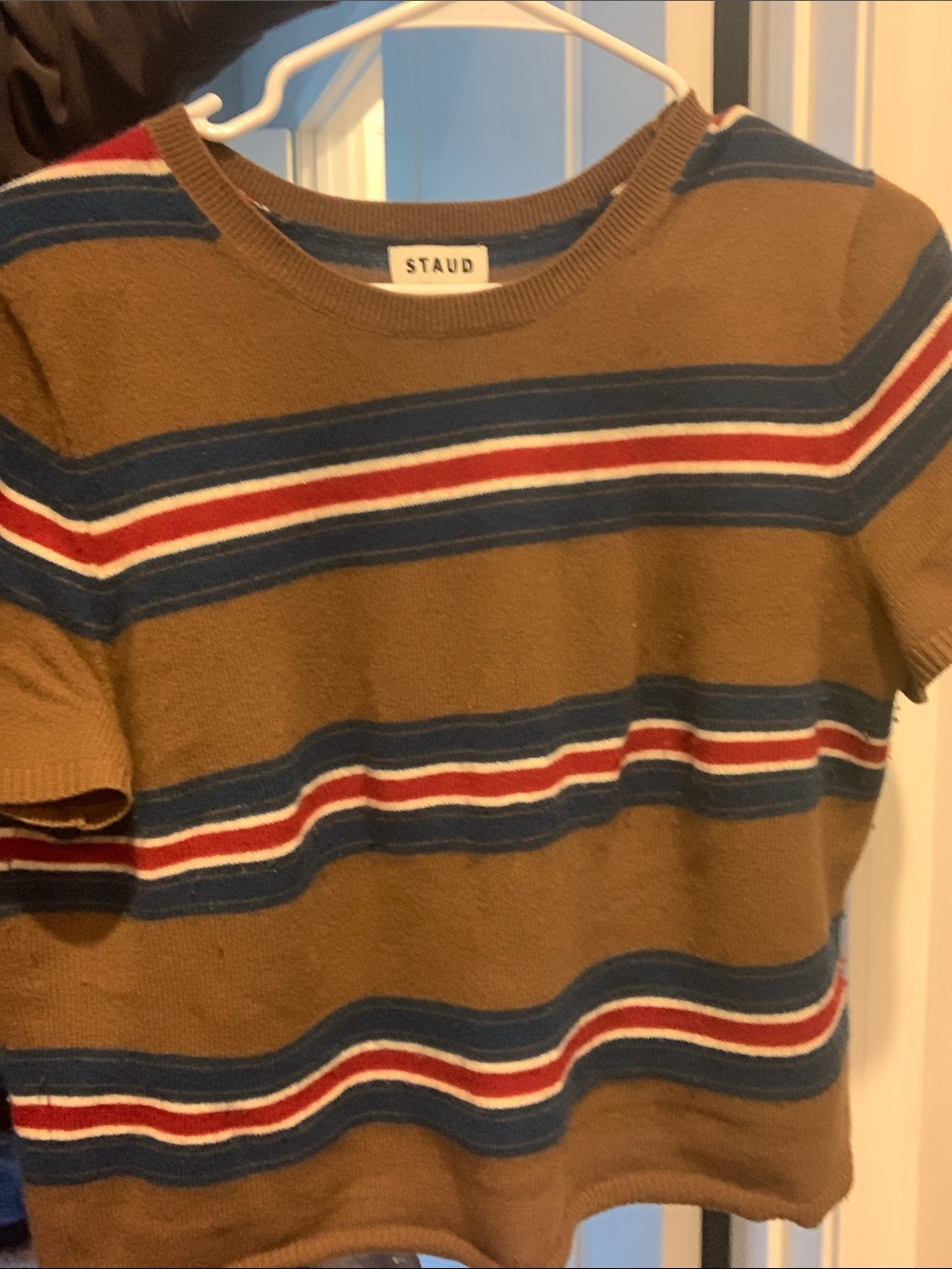 STAUD Brown Crewneck Crop Top with Blue and Red Stripes